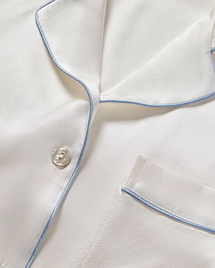 Petite Plume Women's Silk Pajama Set in White with Periwinkle Piping