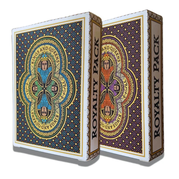 Two decks of playing cards with Ethiopian-inspired artwork, both labeled 'ROYALTY PACK' on a colorful geometric background.