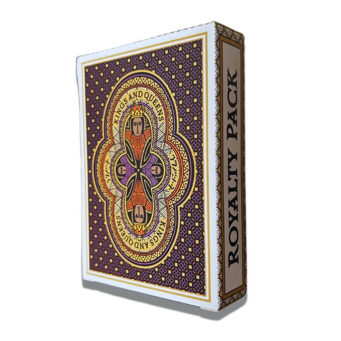 A deck of playing cards with Ethiopian-inspired artwork,  labeled 'ROYALTY PACK' on a colorful geometric background.