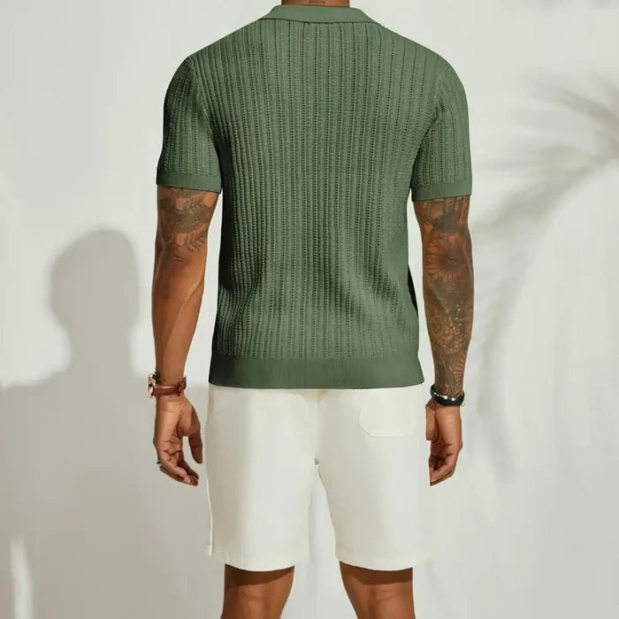 Plus Size Summer Men Knitted Cardigan Shirt, Breathable Short Sleeves Beach Top