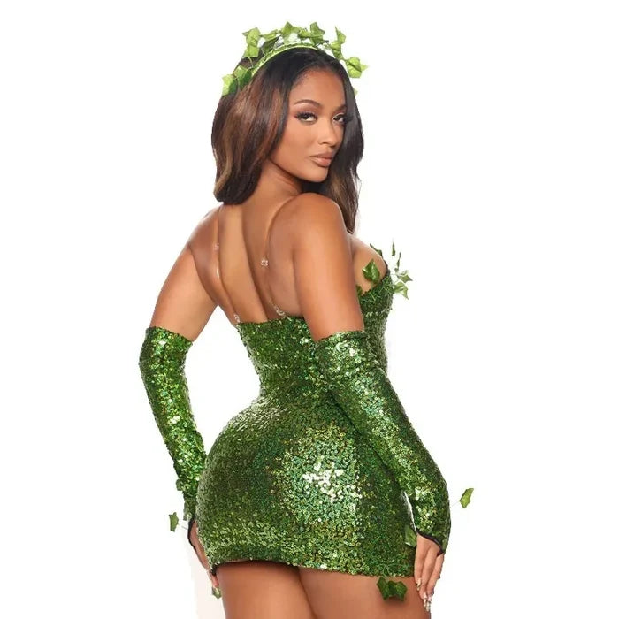 Poison Ivy Costume Sequin Mini Dress Set Halloween Sexy