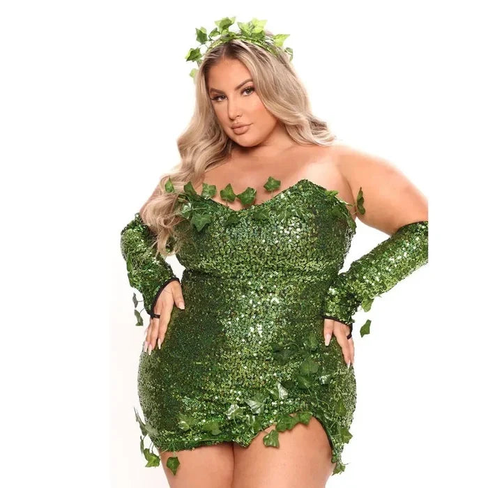 Poison Ivy Costume Sequin Mini Dress Set Halloween Sexy