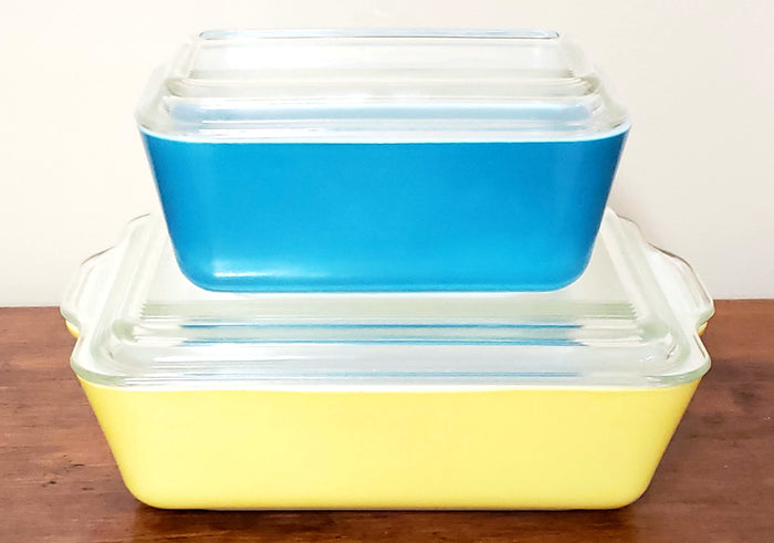 Pyrex Yellow & Blue Primary Lidded Glass Refrigerator Storage Dishes 500 Series