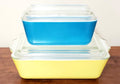 Pyrex Yellow & Blue Primary Lidded Glass Refrigerator Storage Dishes 500 Series