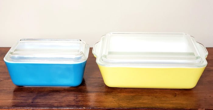 Pyrex Yellow & Blue Primary Lidded Glass Refrigerator Storage Dishes 500 Series