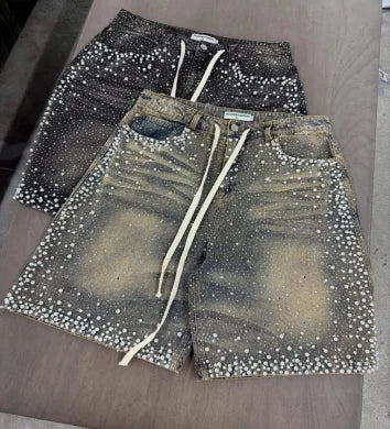 Relaxed Women's Denim Shorts - Straight Knee-Length Cut, Rhinestone Cross Applique, Frayed Hem For Streetwear