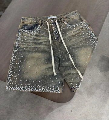 Relaxed Women's Denim Shorts - Straight Knee-Length Cut, Rhinestone Cross Applique, Frayed Hem For Streetwear