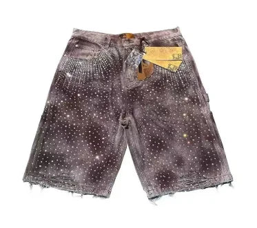 Relaxed Women's Denim Shorts - Straight Knee-Length Cut, Rhinestone Cross Applique, Frayed Hem For Streetwear