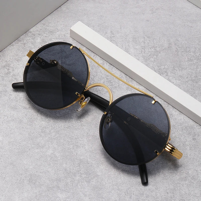 Retro Punk Round Sunglasses for Men & Women - Fashionable Double Bridge Design for Travel and Shopping