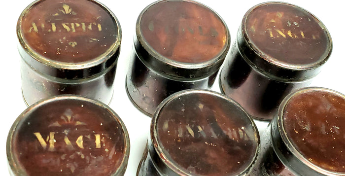 Round Spice Box Set with 6 Original Stenciled Spice Tins ~ c. Late 1800's