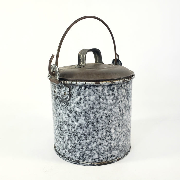 Rustic Antique Gray-Black Enamelware Berry Picking Bucket Tin Lid