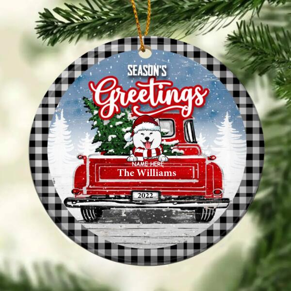 Season's Greeting Black Plaid Around Circle Ceramic Ornament - Personalized Dog Lovers Decorative Christmas Ornament