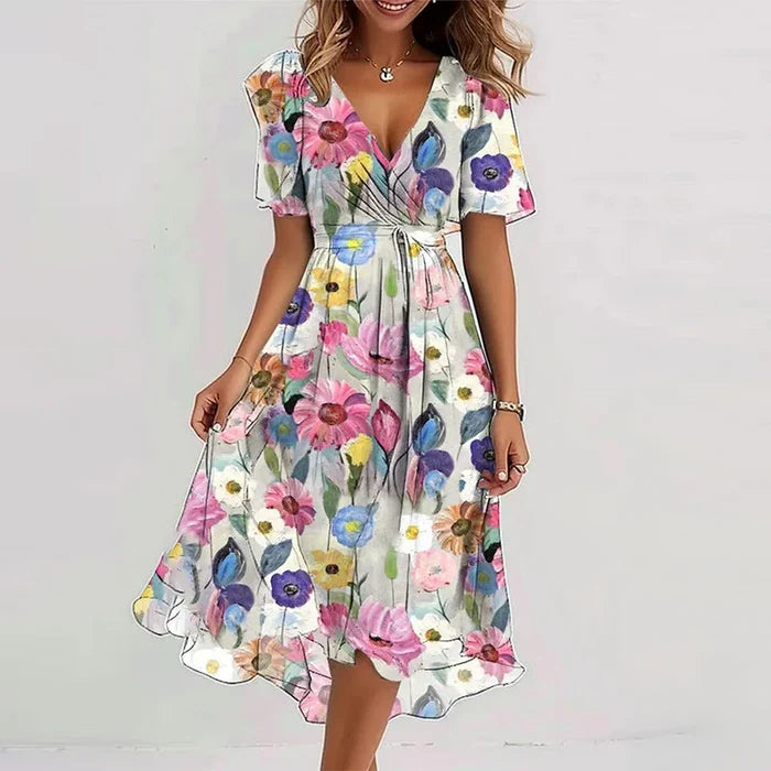 Sexy Deep V-neck Print Women's Summer Dresses - Elegant Swing Party Office Wear