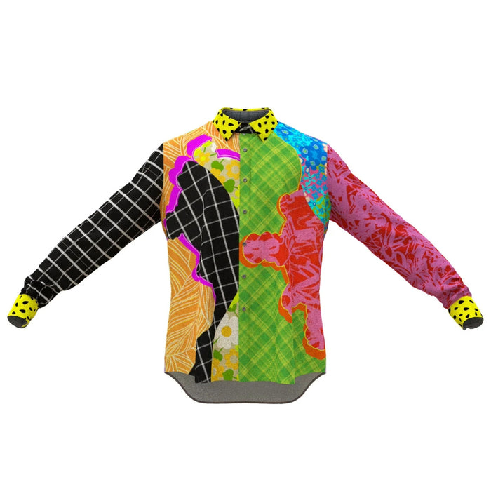 A colorful, patterned long-sleeve shirt with a round neckline, featuring vibrant floral and animal prints on a black background with a checkered pattern.