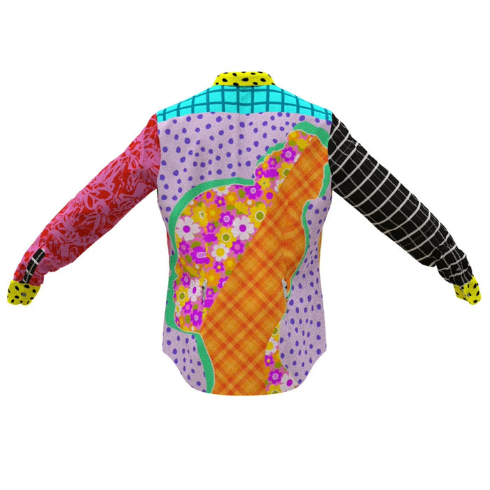 A colorful, patterned long-sleeve shirt with a round neckline, featuring vibrant floral and animal prints on a black background with a checkered pattern.