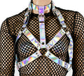 Silver Rainbow Leather Wide Bra Style Vegan Leather Harness With Choker