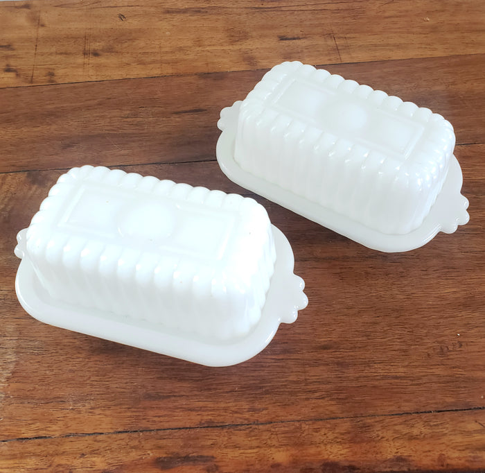 Small Half Stick Milk White Glass Covered Butter Dishes Set of 2 - Mid Century