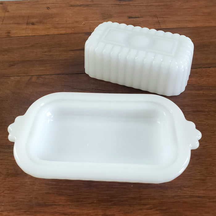 Small Half Stick Milk White Glass Covered Butter Dishes Set of 2 - Mid Century