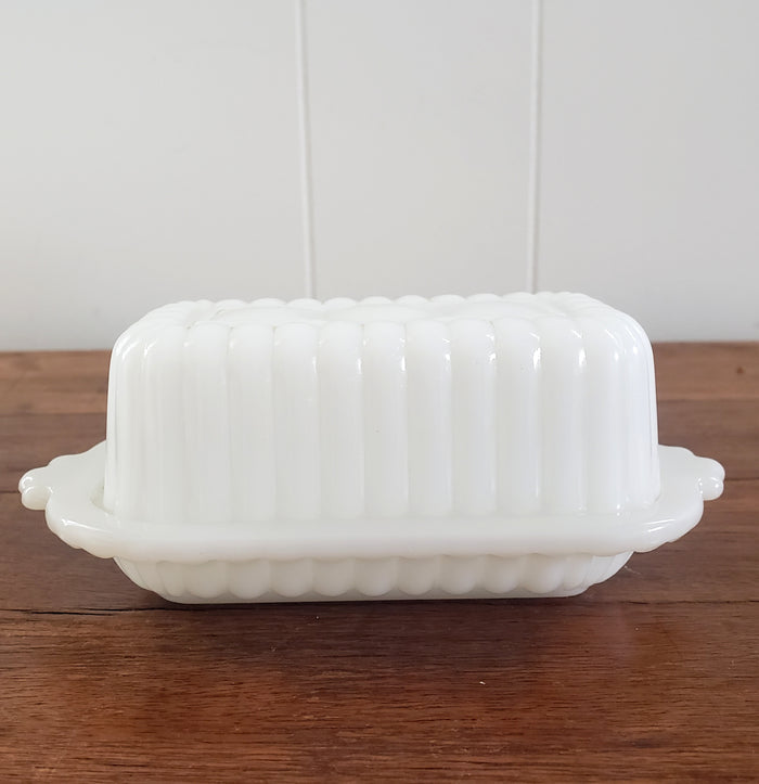 Small Half Stick Milk White Glass Covered Butter Dishes Set of 2 - Mid Century
