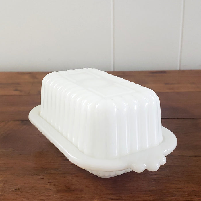 Small Half Stick Milk White Glass Covered Butter Dishes Set of 2 - Mid Century