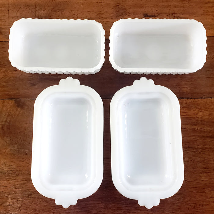 Small Half Stick Milk White Glass Covered Butter Dishes Set of 2 - Mid Century