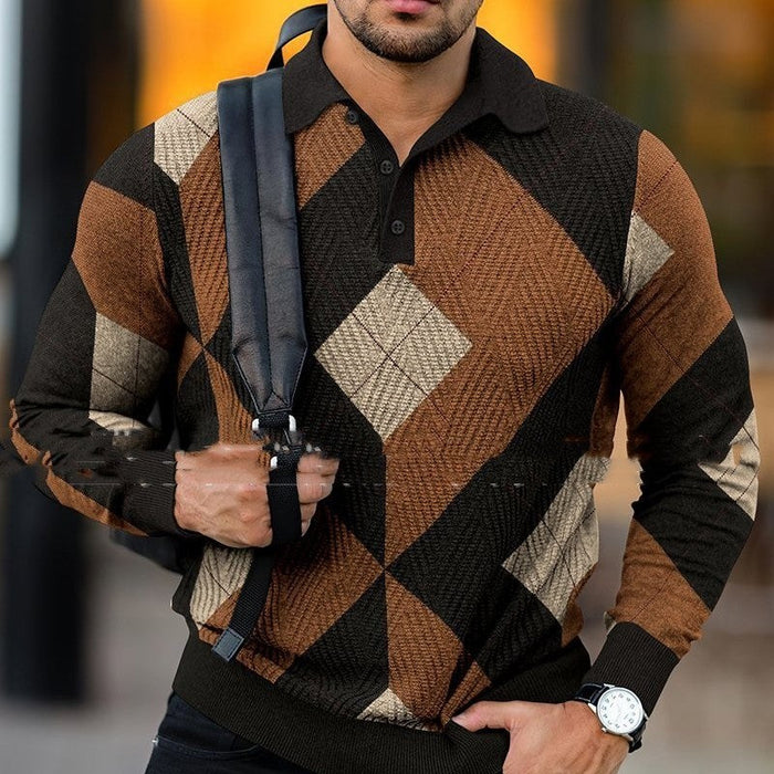 Soft Textured Men's Polo Sweater - Geometric Knit, Cotton