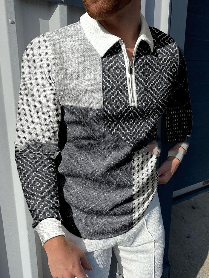 Soft Textured Men's Polo Sweater - Geometric Knit, Cotton