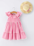 Spring  Pink Striped Ruffled Girls' Dress with Hat