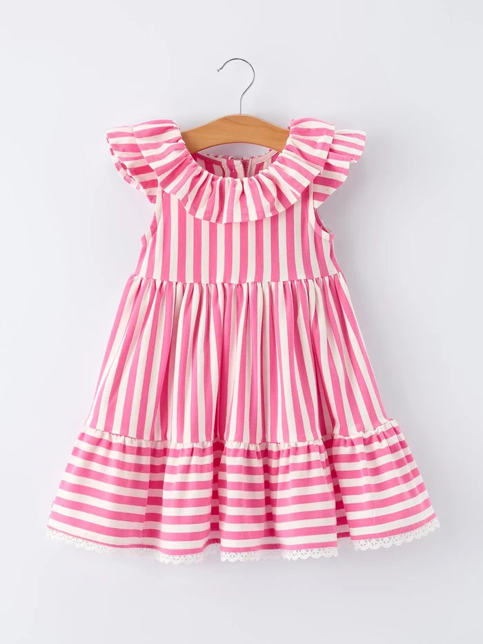 Spring  Pink Striped Ruffled Girls' Dress with Hat
