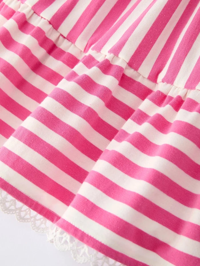 Spring  Pink Striped Ruffled Girls' Dress with Hat