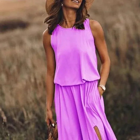 Spring/Summer Women's Trendy Retro Sleeveless Dress, Solid Color Two-Piece Set