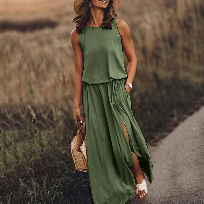 Spring/Summer Women's Trendy Retro Sleeveless Dress, Solid Color Two-Piece Set