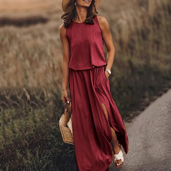 Spring/Summer Women's Trendy Retro Sleeveless Dress, Solid Color Two-Piece Set