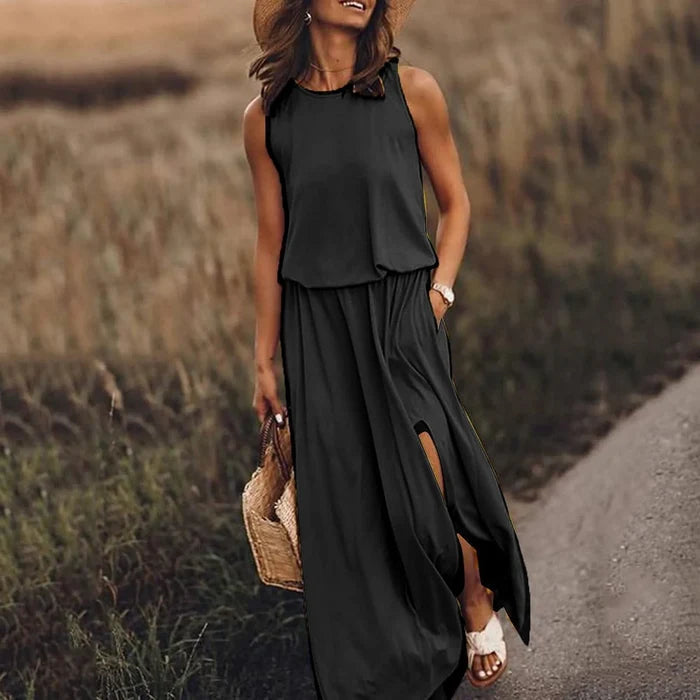 Spring/Summer Women's Trendy Retro Sleeveless Dress, Solid Color Two-Piece Set