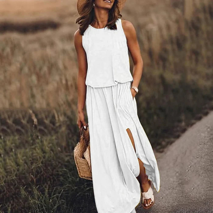 Spring/Summer Women's Trendy Retro Sleeveless Dress, Solid Color Two-Piece Set