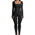 Stretchy Flattering Women’s Jumpsuit – Long Sleeve Square Neck, Ribbed Nylon-Spandex, Seamless Yoga Athleisure
