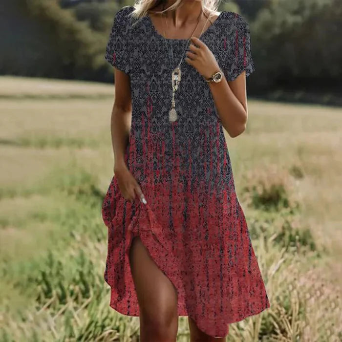 Summer Bohemian Dresses For Women V Neck Short Sleeve Floral Maxi Beach Dress