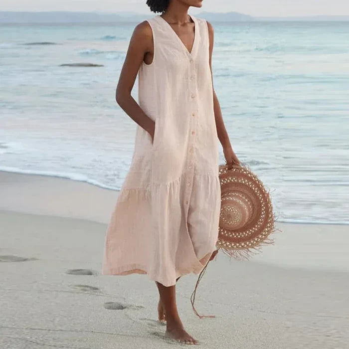Summer Loose Casual Patchwork Cotton Linen Dress - V Neck Beach Style Midi for Women
