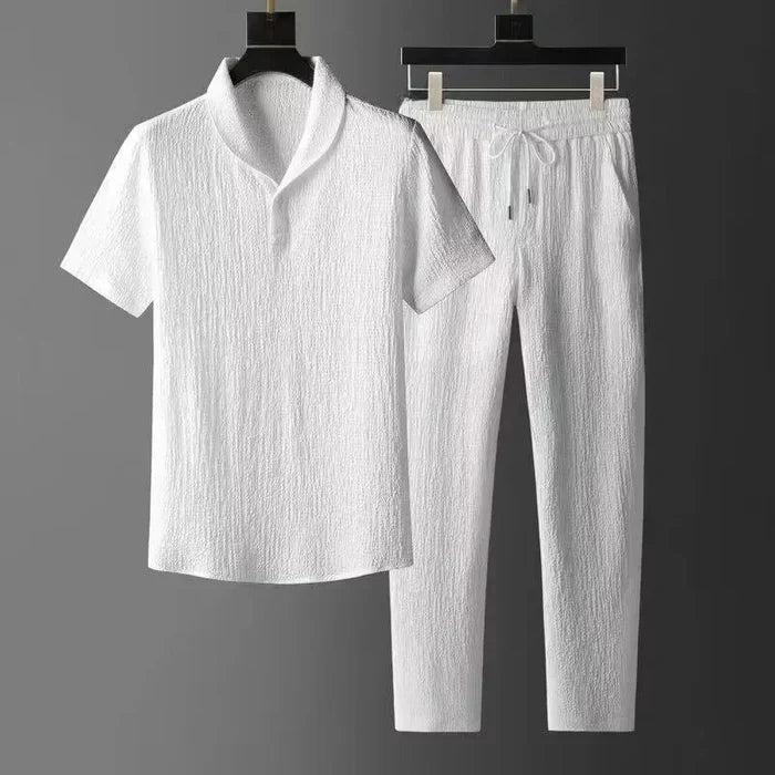 Summer Ultra-thin Ice Silk Linen Suit Men’s Loose-fit T-shirt 2-piece Sports Wear