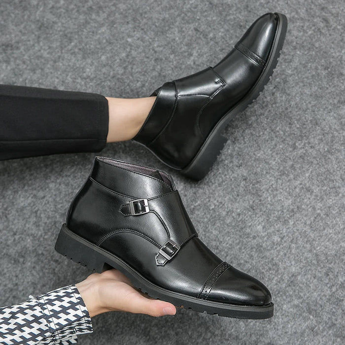Supportive Mens Ankle Boots - Double Monk Cap-Toe, Leather