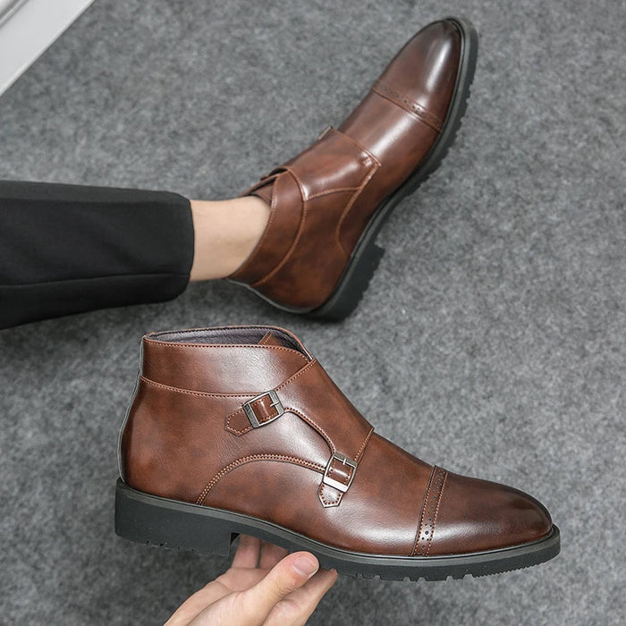 Supportive Mens Ankle Boots - Double Monk Cap-Toe, Leather