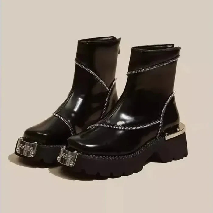 Supportive Women's Ankle Boots - Asymmetric Zip, Patent