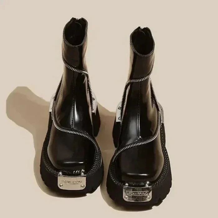 Supportive Women's Ankle Boots - Asymmetric Zip, Patent