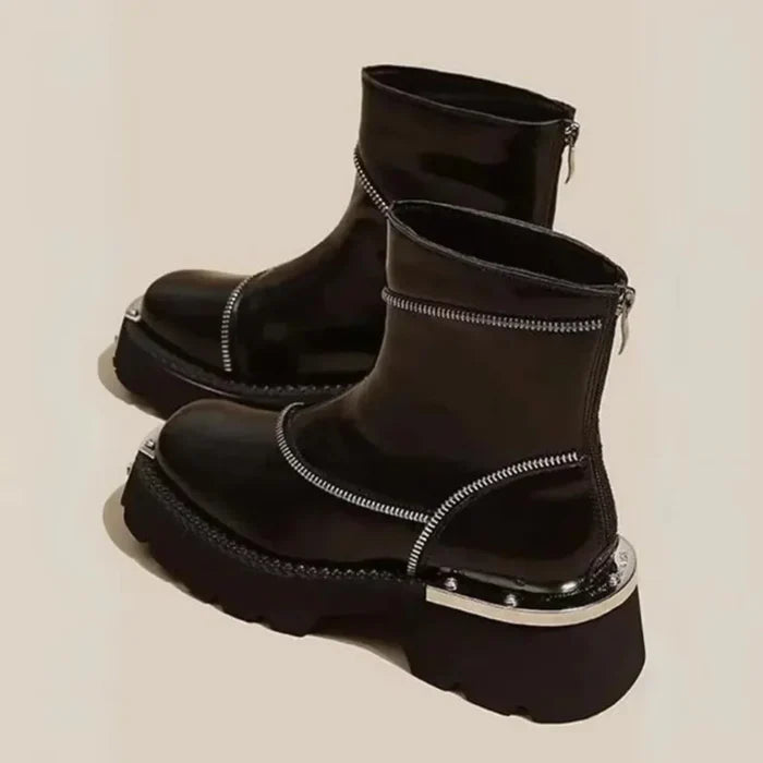 Supportive Women's Ankle Boots - Asymmetric Zip, Patent