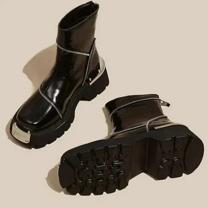 Supportive Women's Ankle Boots - Asymmetric Zip, Patent