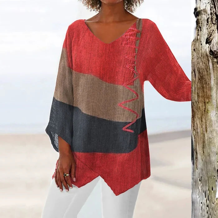 T Shirt Women New Fashion Casual V-Neck Long Sleeve Patchwork Top