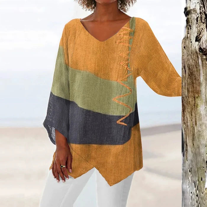 T Shirt Women New Fashion Casual V-Neck Long Sleeve Patchwork Top