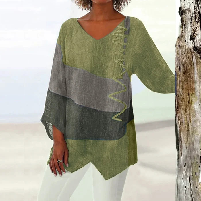 T Shirt Women New Fashion Casual V-Neck Long Sleeve Patchwork Top