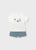 Three Pups White Tee & Blue Shorts