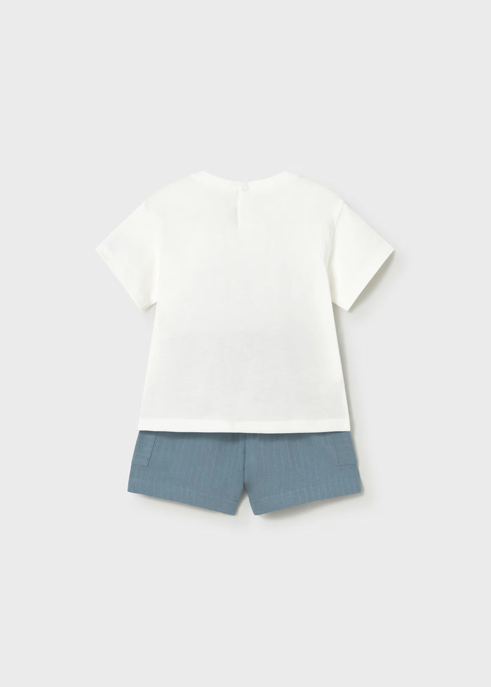 Three Pups White Tee & Blue Shorts